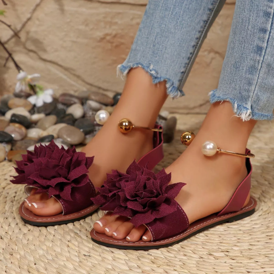 Floral Decor Flat Sandals Burgundy / 36 Apparel and Accessories