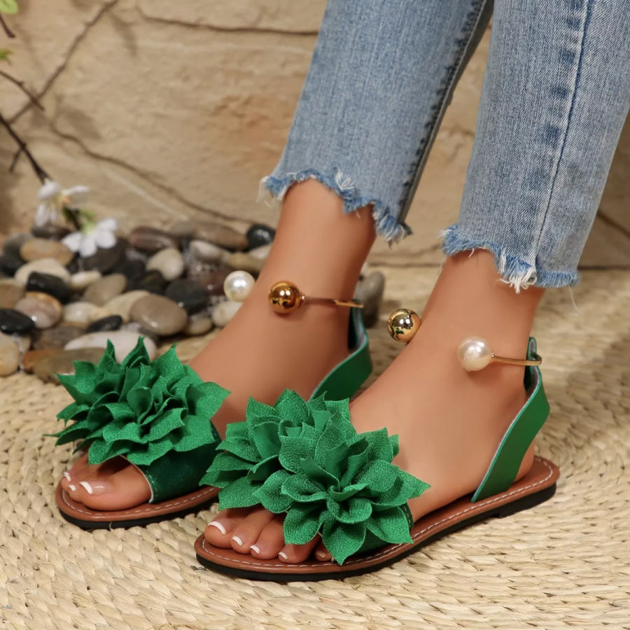 Floral Decor Flat Sandals Green / 36 Apparel and Accessories