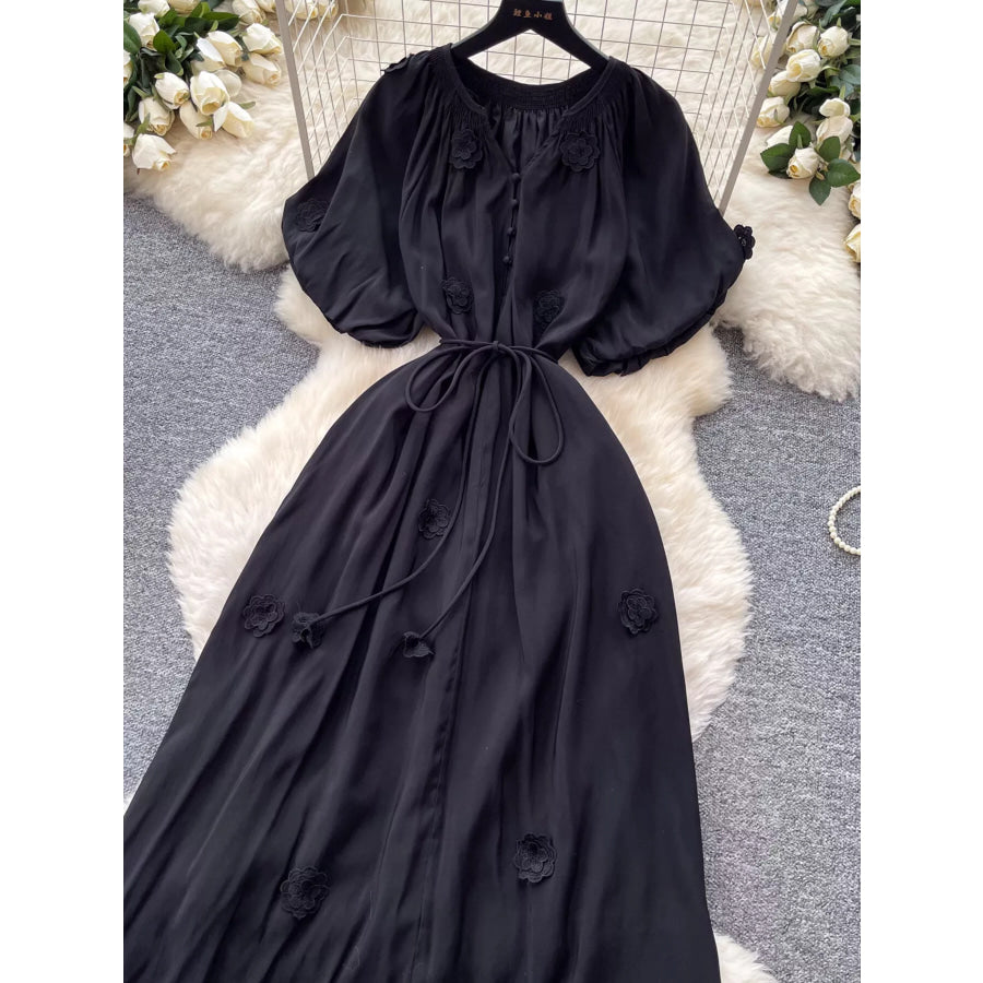 Floral Decor Tie Waist Puff Sleeve Dress Apparel and Accessories
