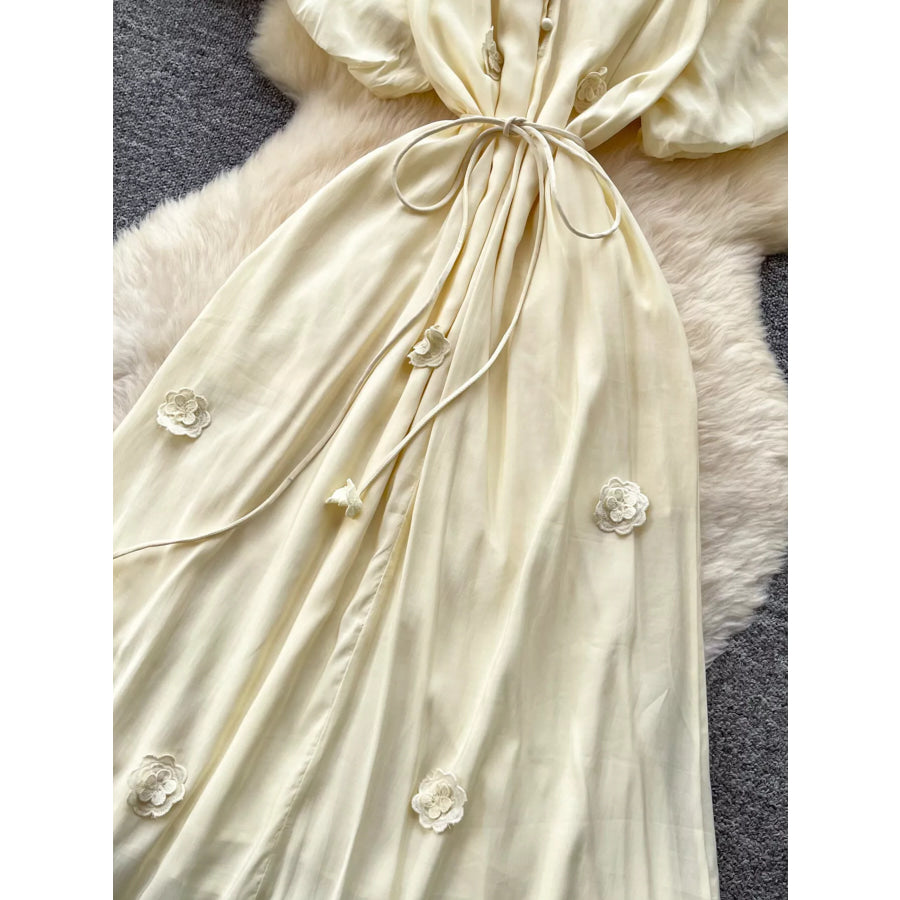 Floral Decor Tie Waist Puff Sleeve Dress Apparel and Accessories