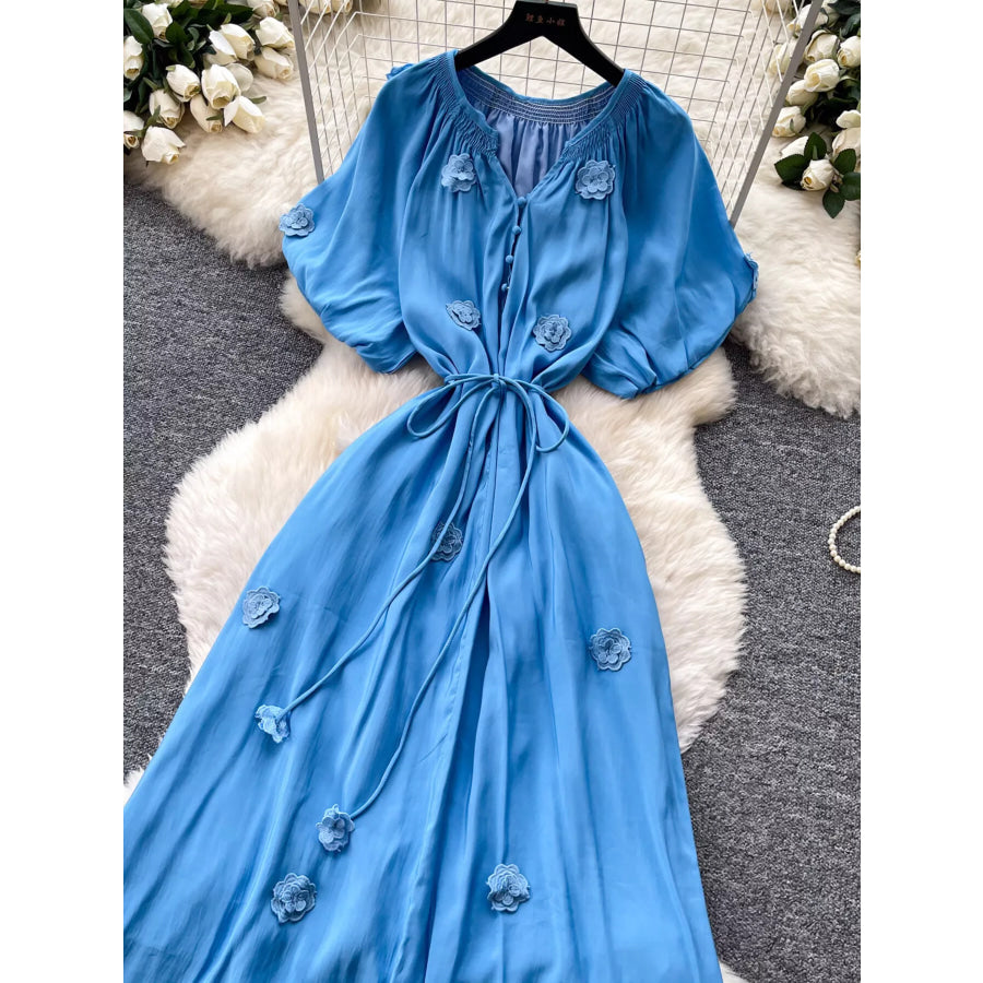 Floral Decor Tie Waist Puff Sleeve Dress Apparel and Accessories