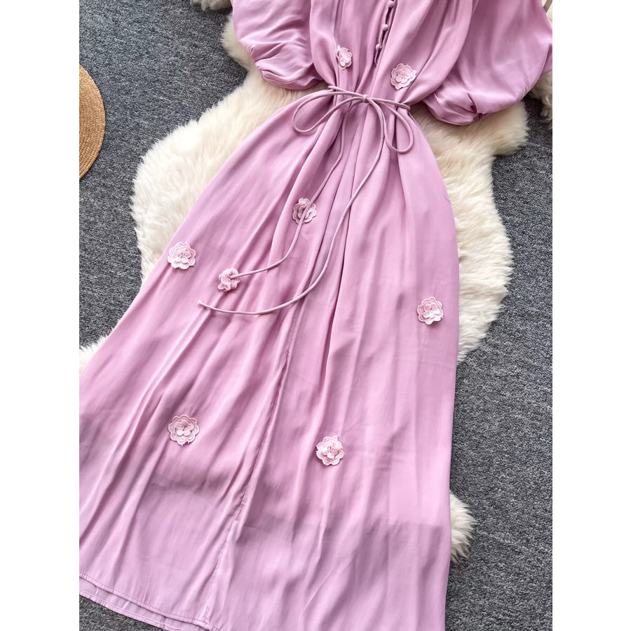 Floral Decor Tie Waist Puff Sleeve Dress Apparel and Accessories
