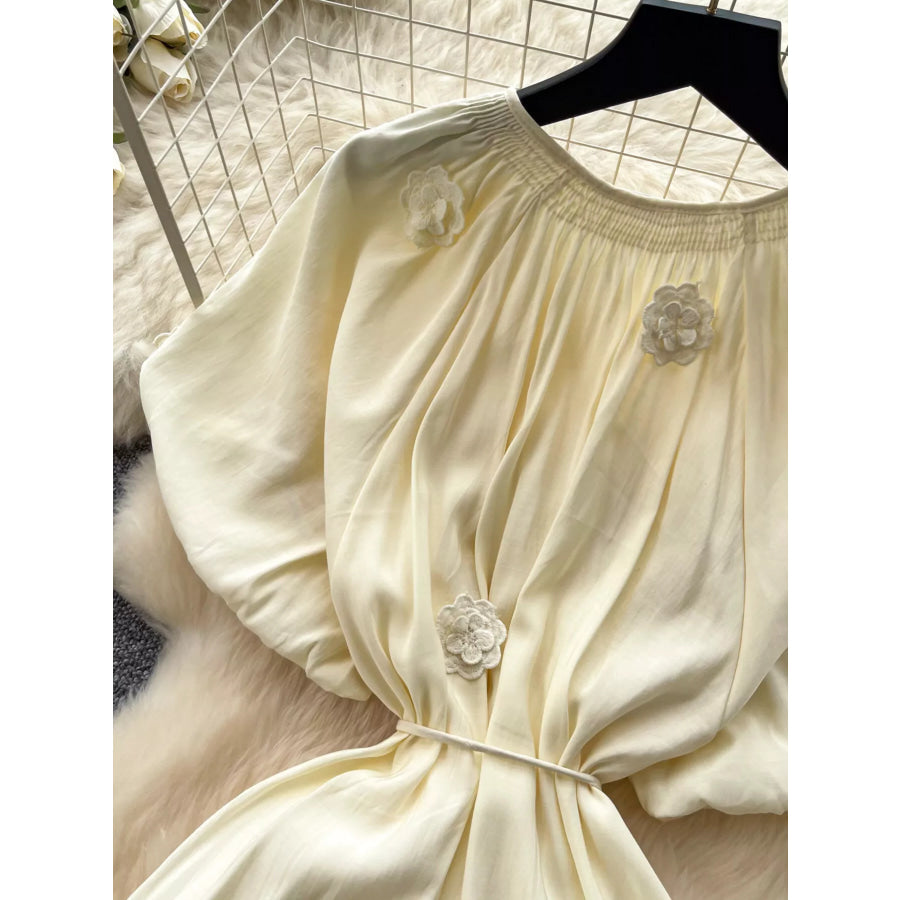 Floral Decor Tie Waist Puff Sleeve Dress Apparel and Accessories