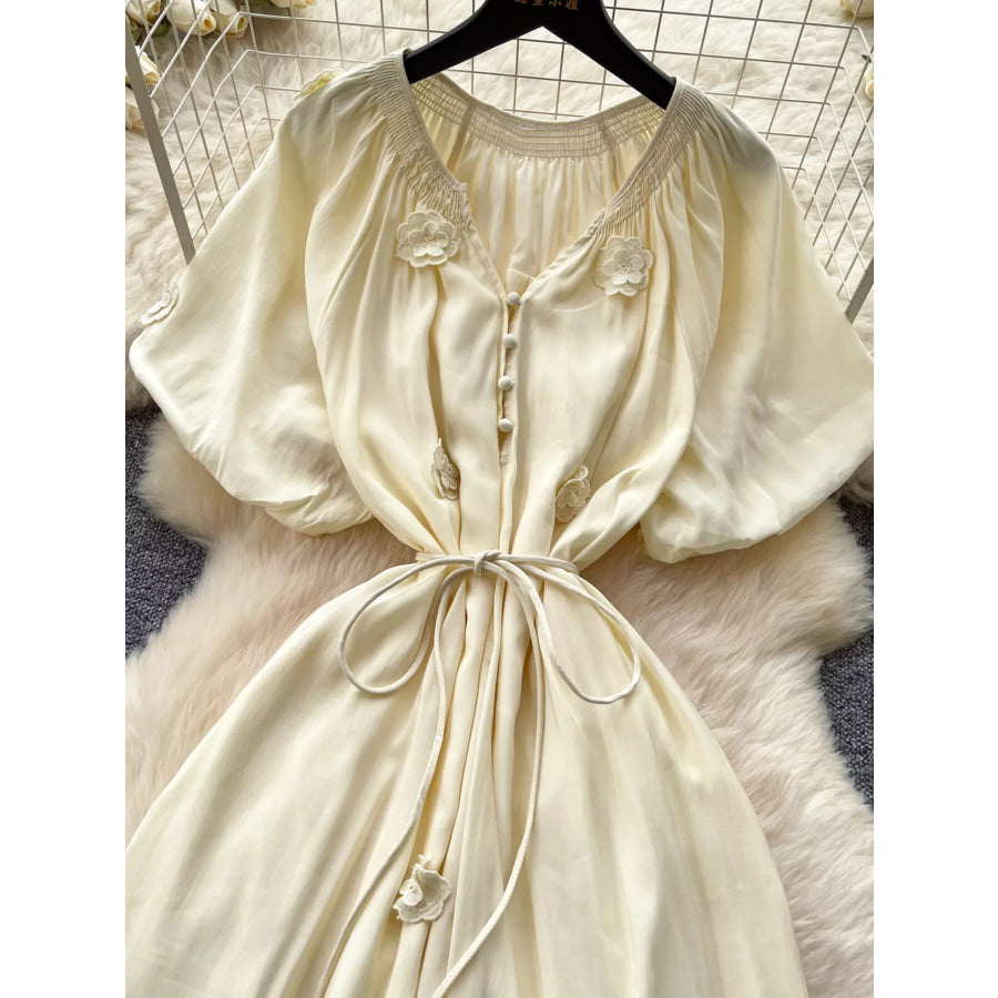 Floral Decor Tie Waist Puff Sleeve Dress Apparel and Accessories