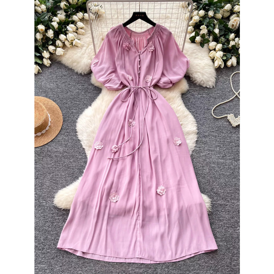 Floral Decor Tie Waist Puff Sleeve Dress Apparel and Accessories