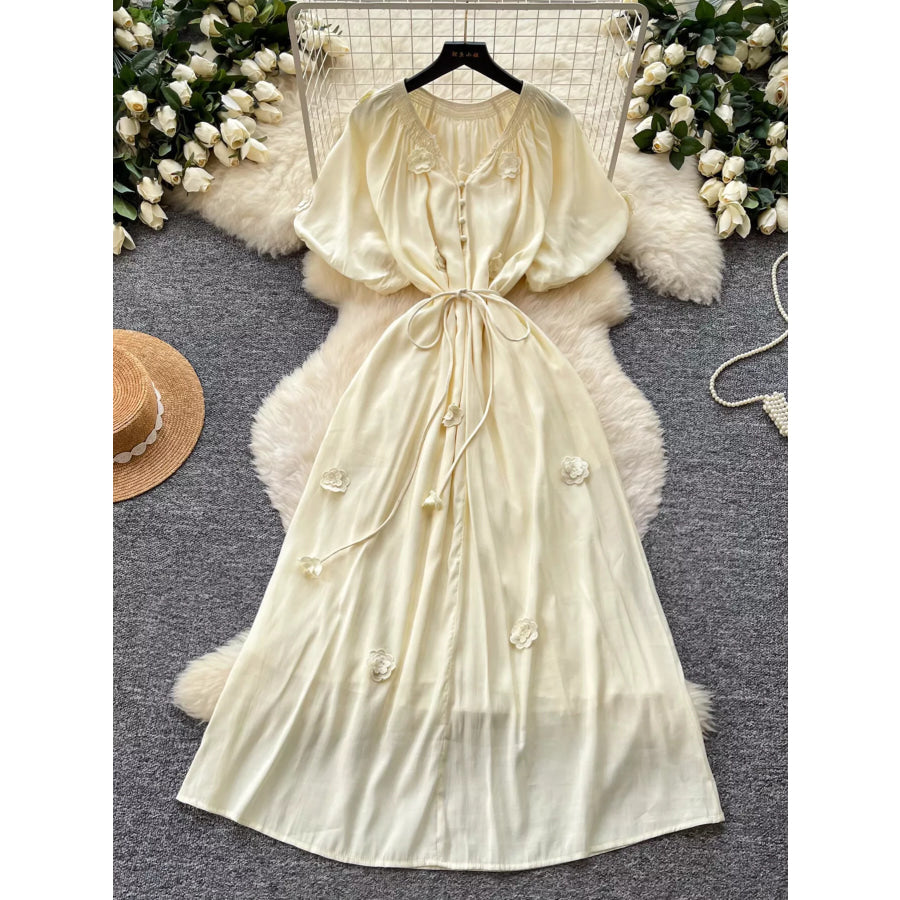 Floral Decor Tie Waist Puff Sleeve Dress Apparel and Accessories