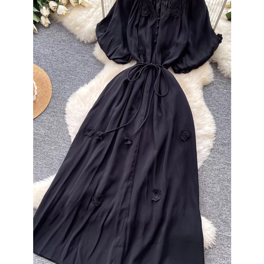Floral Decor Tie Waist Puff Sleeve Dress Apparel and Accessories