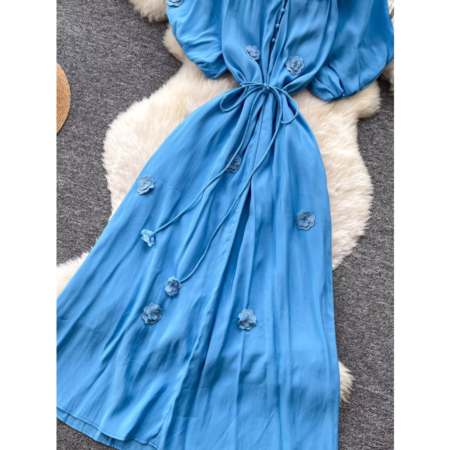 Floral Decor Tie Waist Puff Sleeve Dress Apparel and Accessories