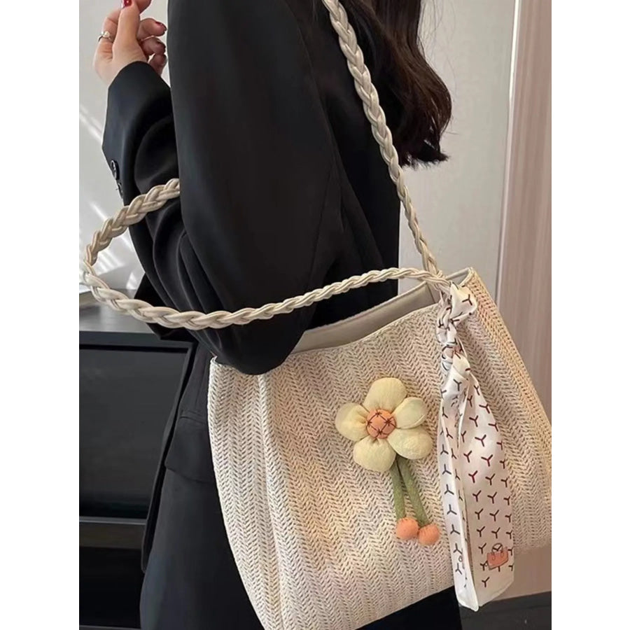 Floral Decor Woven Straw Tote Bag White / One Size Apparel and Accessories