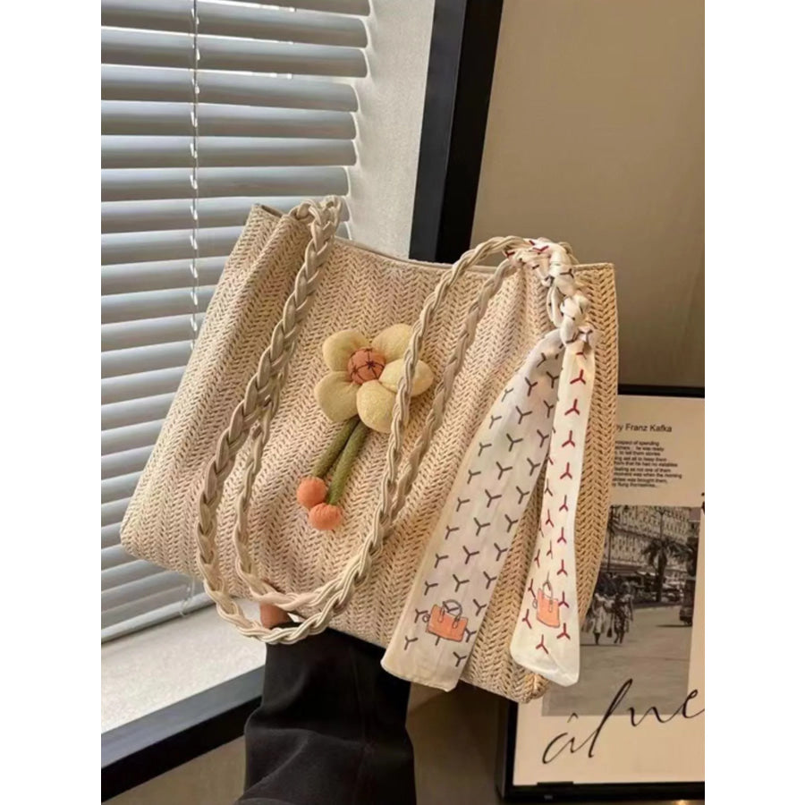 Floral Decor Woven Straw Tote Bag White / One Size Apparel and Accessories