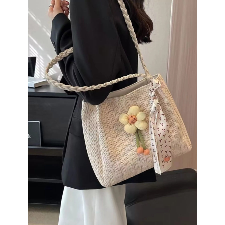 Floral Decor Woven Straw Tote Bag White / One Size Apparel and Accessories