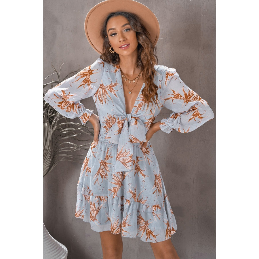 Floral Deep V Flounce Sleeve Mini Dress