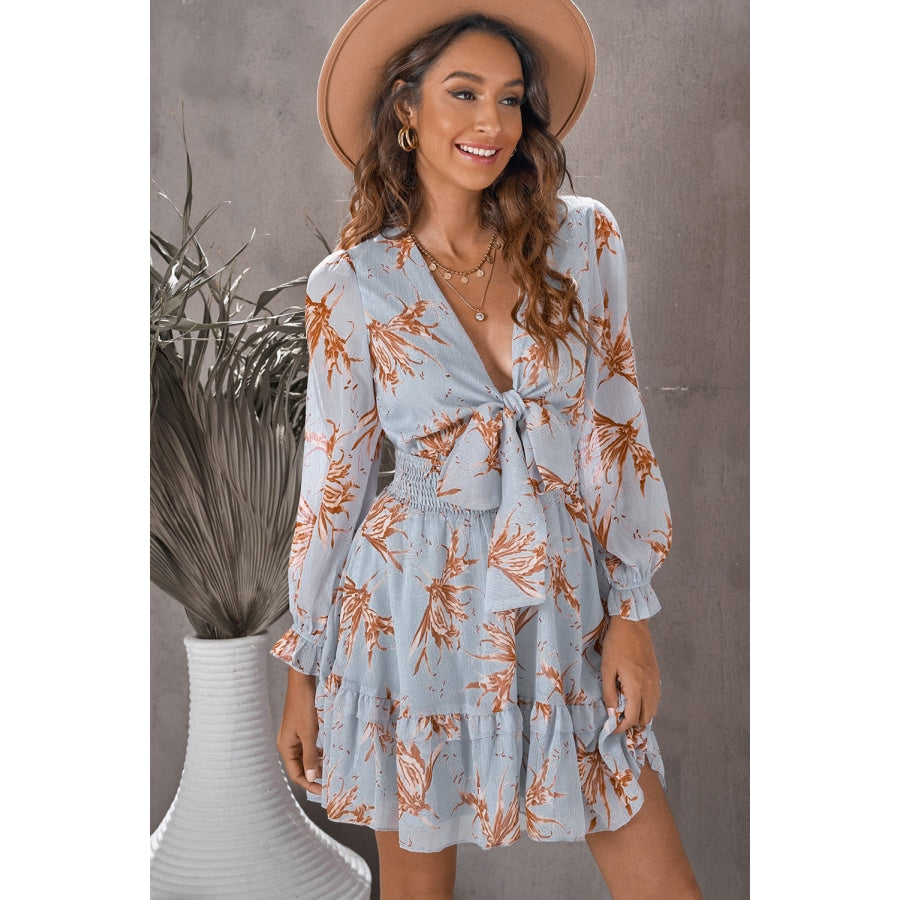 Floral Deep V Flounce Sleeve Mini Dress