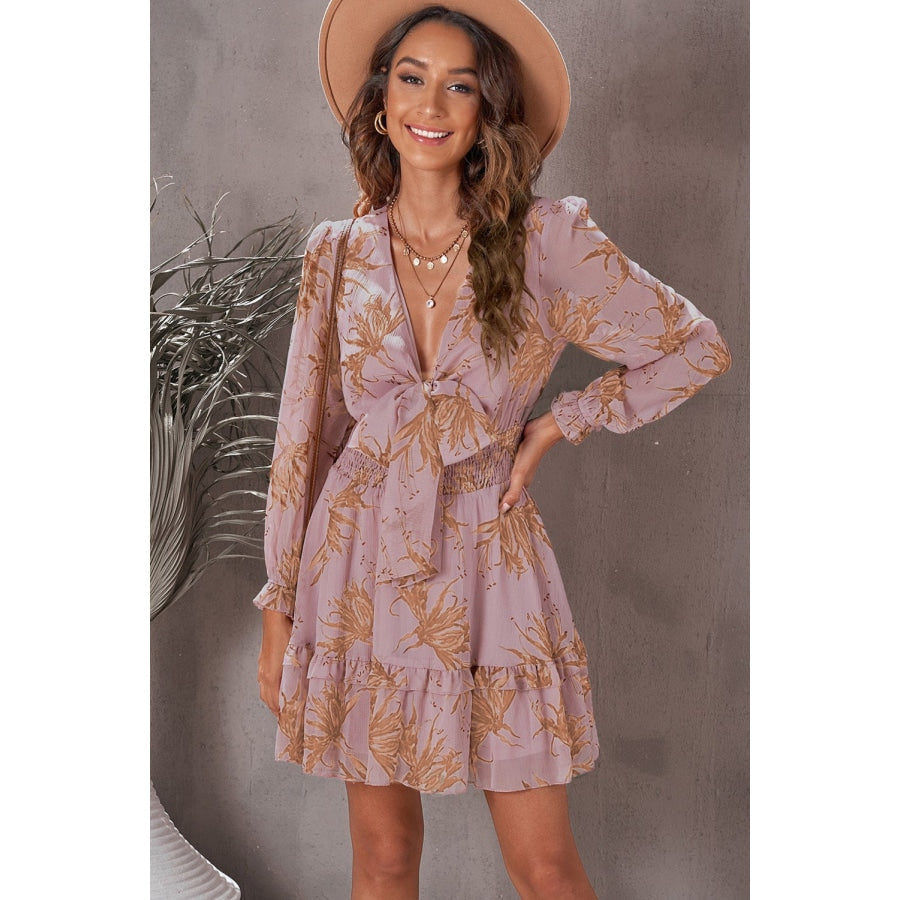 Floral Deep V Flounce Sleeve Mini Dress