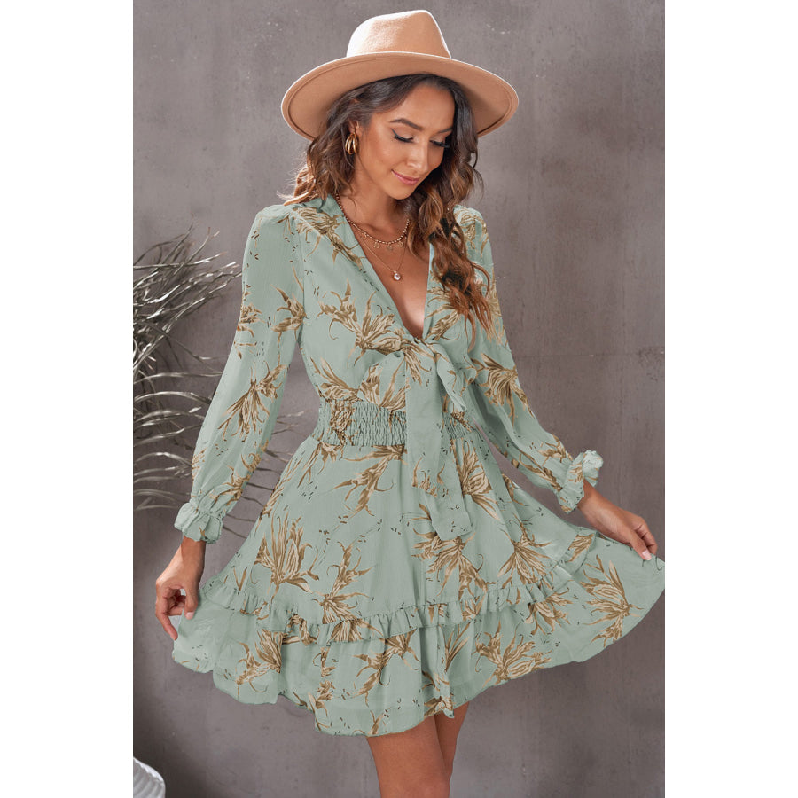 Floral Deep V Flounce Sleeve Mini Dress