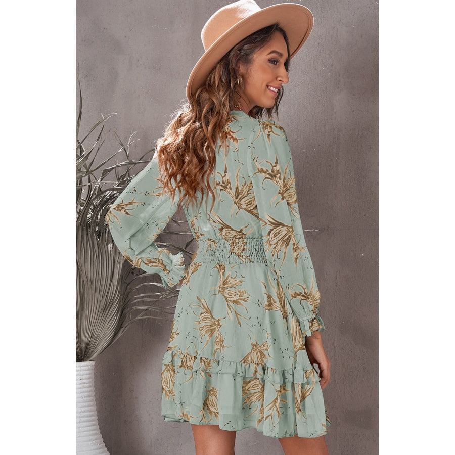 Floral Deep V Flounce Sleeve Mini Dress