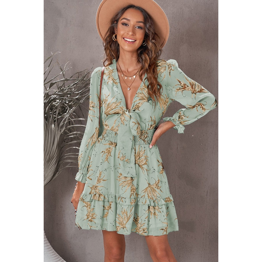 Floral Deep V Flounce Sleeve Mini Dress