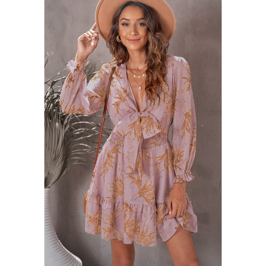 Floral Deep V Flounce Sleeve Mini Dress