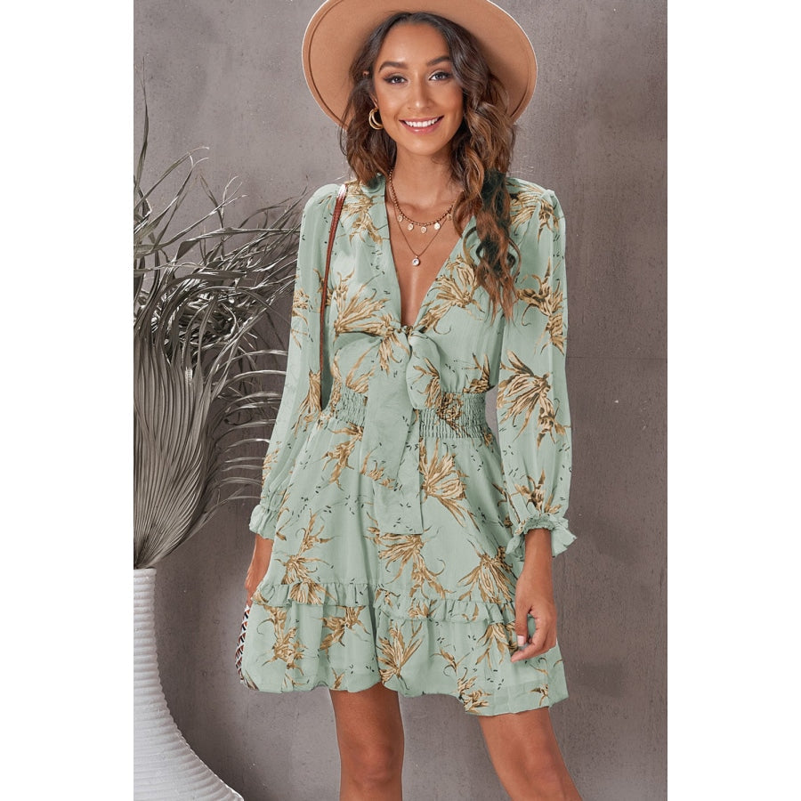 Floral Deep V Flounce Sleeve Mini Dress