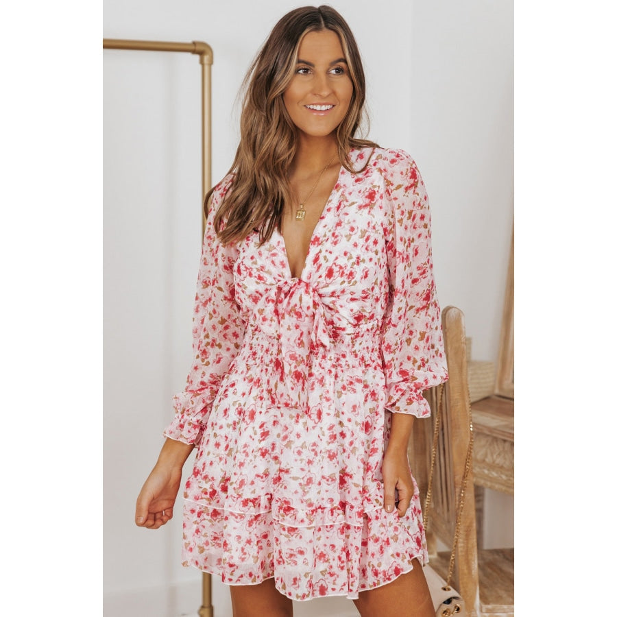 Floral Deep V Flounce Sleeve Mini Dress White / S