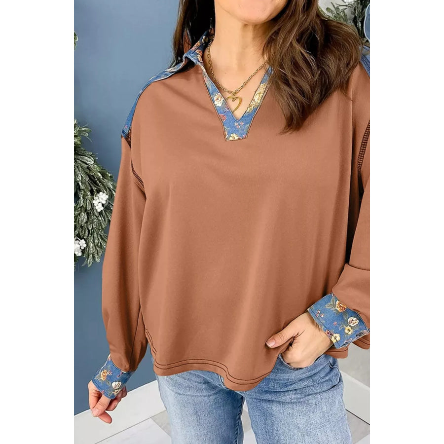 Floral Denim Patchwork Collar V Neck Long Sleeve Pullover Top Apparel and Accessories