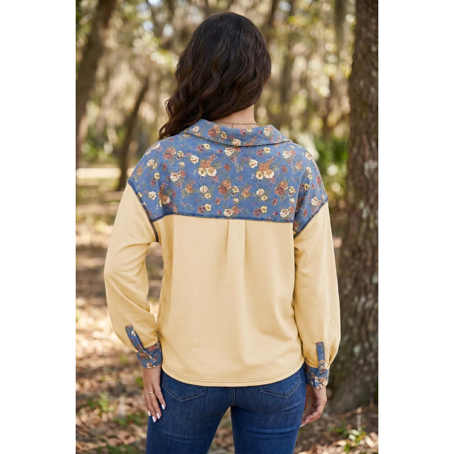 Floral Denim Patchwork Collar V Neck Long Sleeve Pullover Top Apparel and Accessories