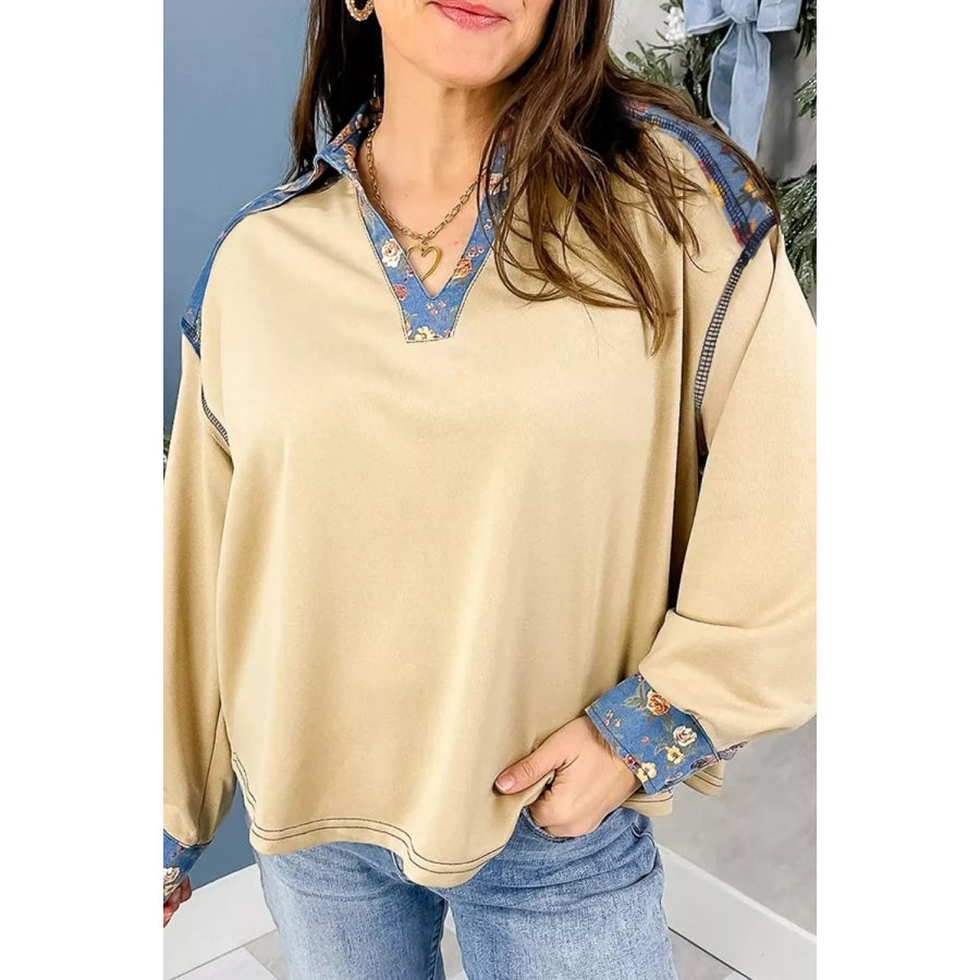 Floral Denim Patchwork Collar V Neck Long Sleeve Pullover Top Apparel and Accessories