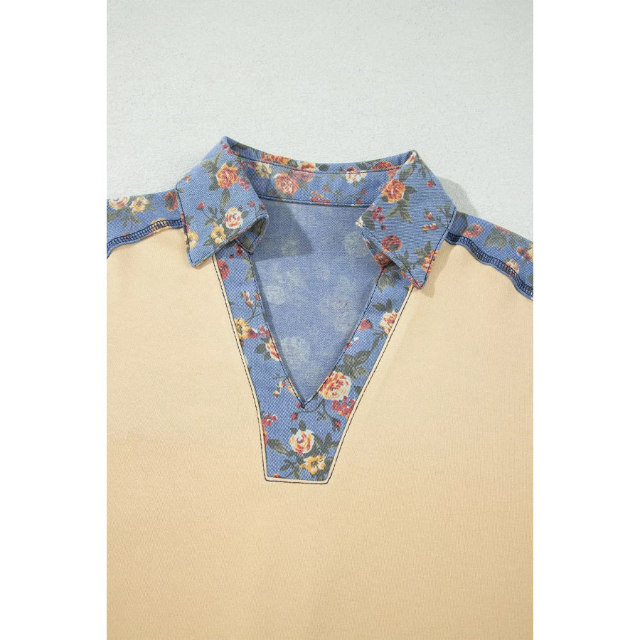Floral Denim Patchwork Collar V Neck Long Sleeve Pullover Top Apparel and Accessories