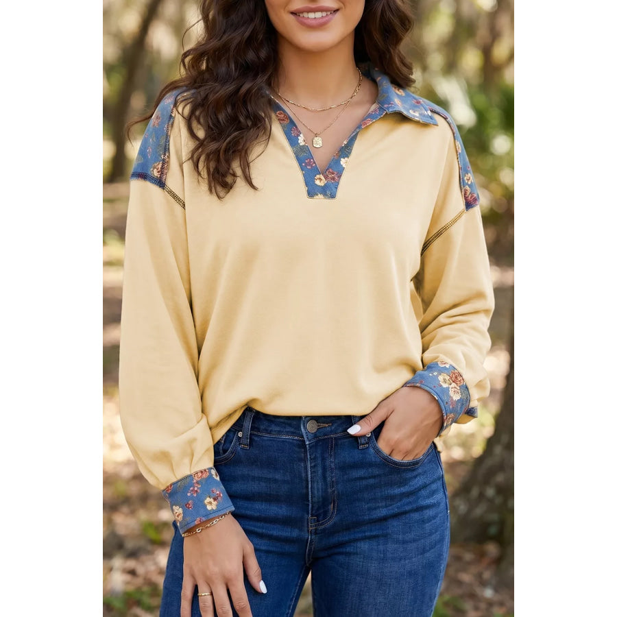 Floral Denim Patchwork Collar V Neck Long Sleeve Pullover Top Apparel and Accessories