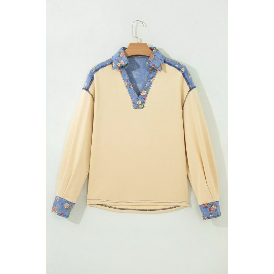 Floral Denim Patchwork Collar V Neck Long Sleeve Pullover Top Apparel and Accessories