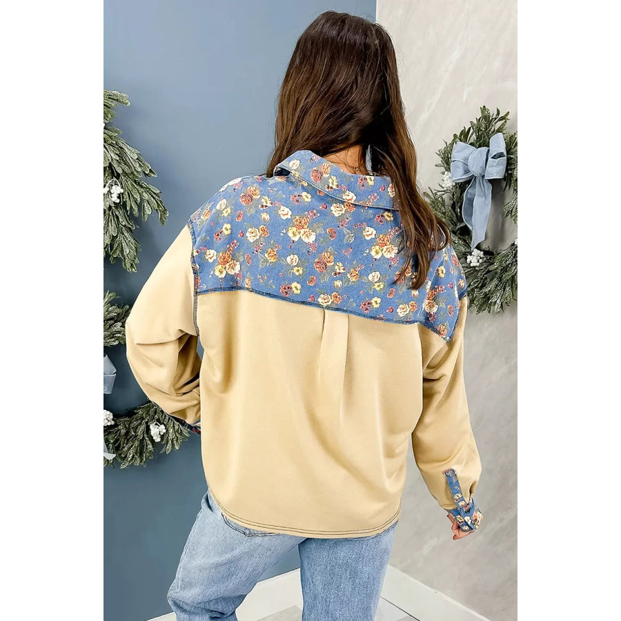 Floral Denim Patchwork Collar V Neck Long Sleeve Pullover Top Apparel and Accessories