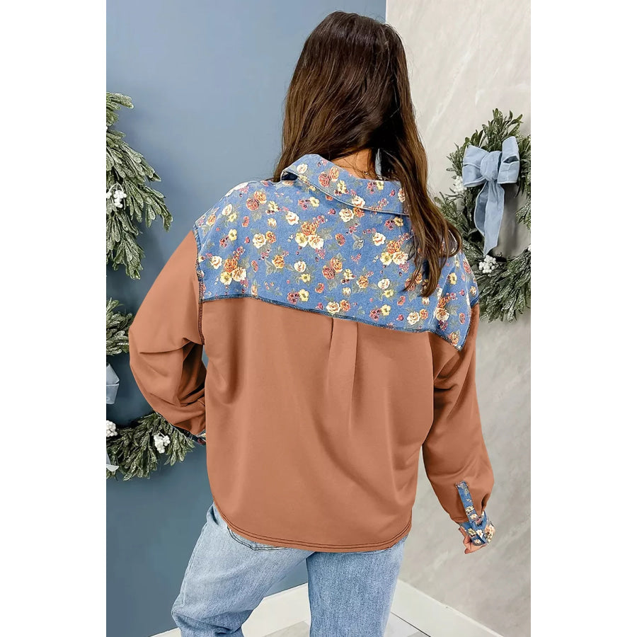 Floral Denim Patchwork Collar V Neck Long Sleeve Pullover Top Apparel and Accessories