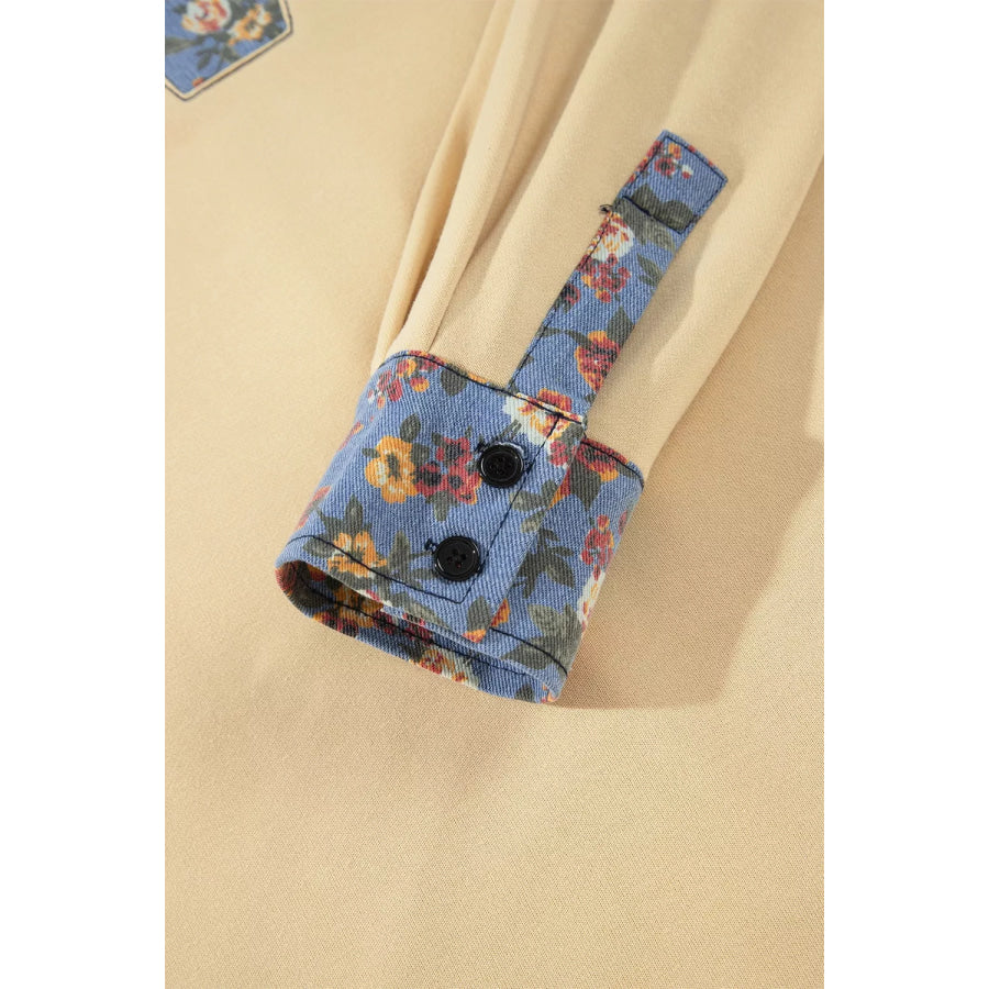 Floral Denim Patchwork Collar V Neck Long Sleeve Pullover Top Apparel and Accessories