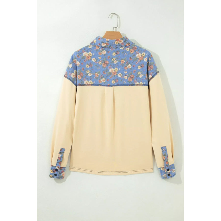 Floral Denim Patchwork Collar V Neck Long Sleeve Pullover Top Apparel and Accessories