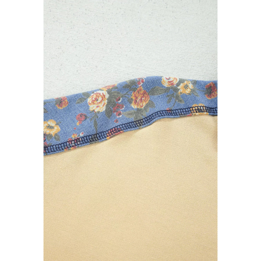 Floral Denim Patchwork Collar V Neck Long Sleeve Pullover Top Apparel and Accessories