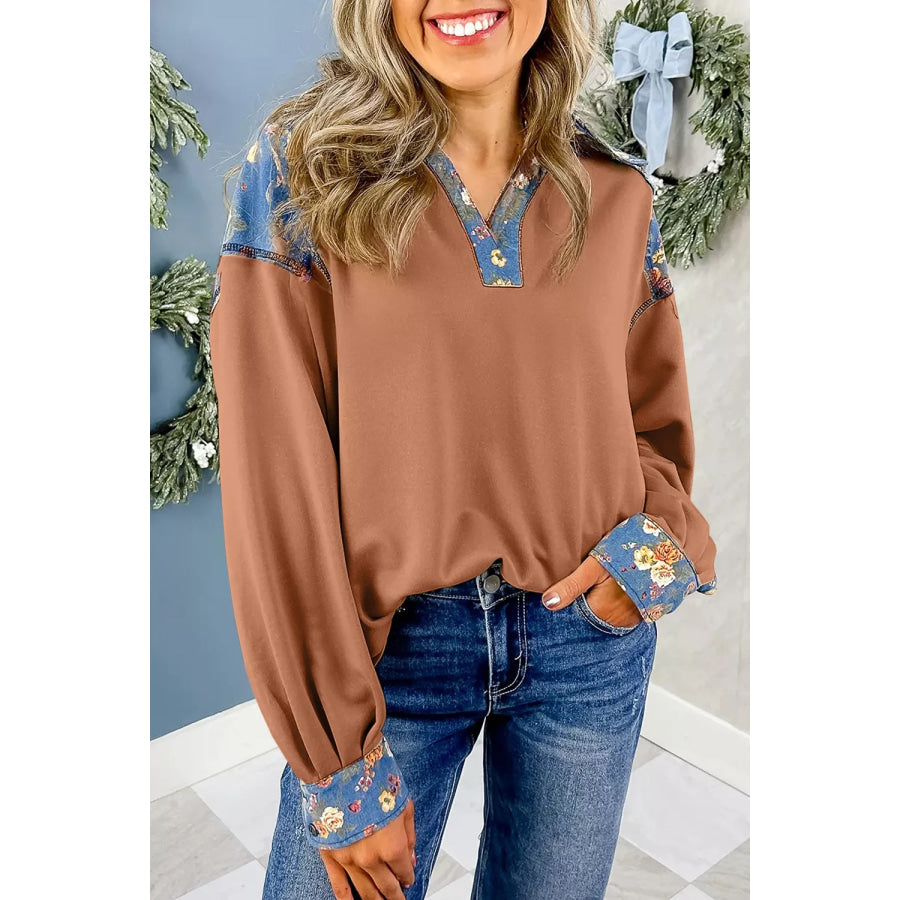 Floral Denim Patchwork Collar V Neck Long Sleeve Pullover Top Caramel / S Apparel and Accessories