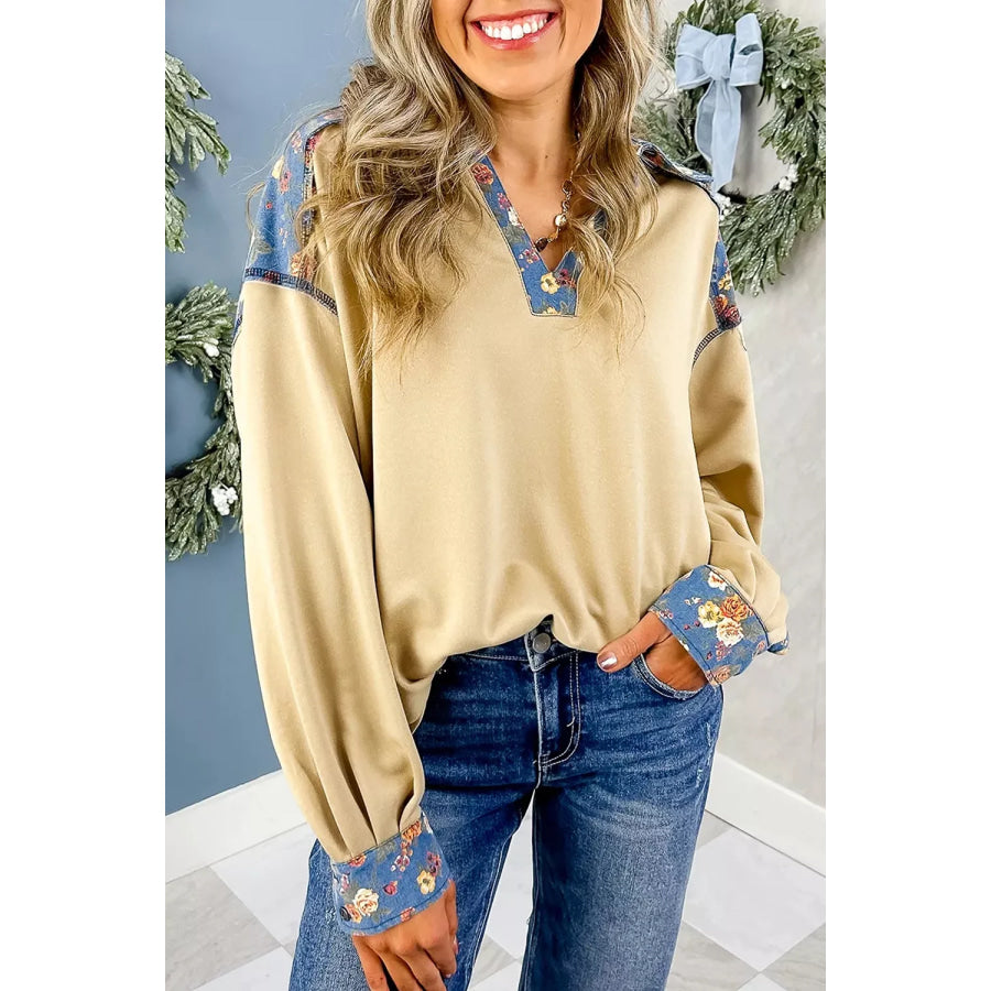 Floral Denim Patchwork Collar V Neck Long Sleeve Pullover Top Pastel Yellow / S Apparel and Accessories
