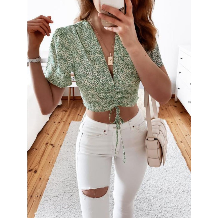 Floral Drawstring Deep V Cropped Blouse Gum Leaf / S