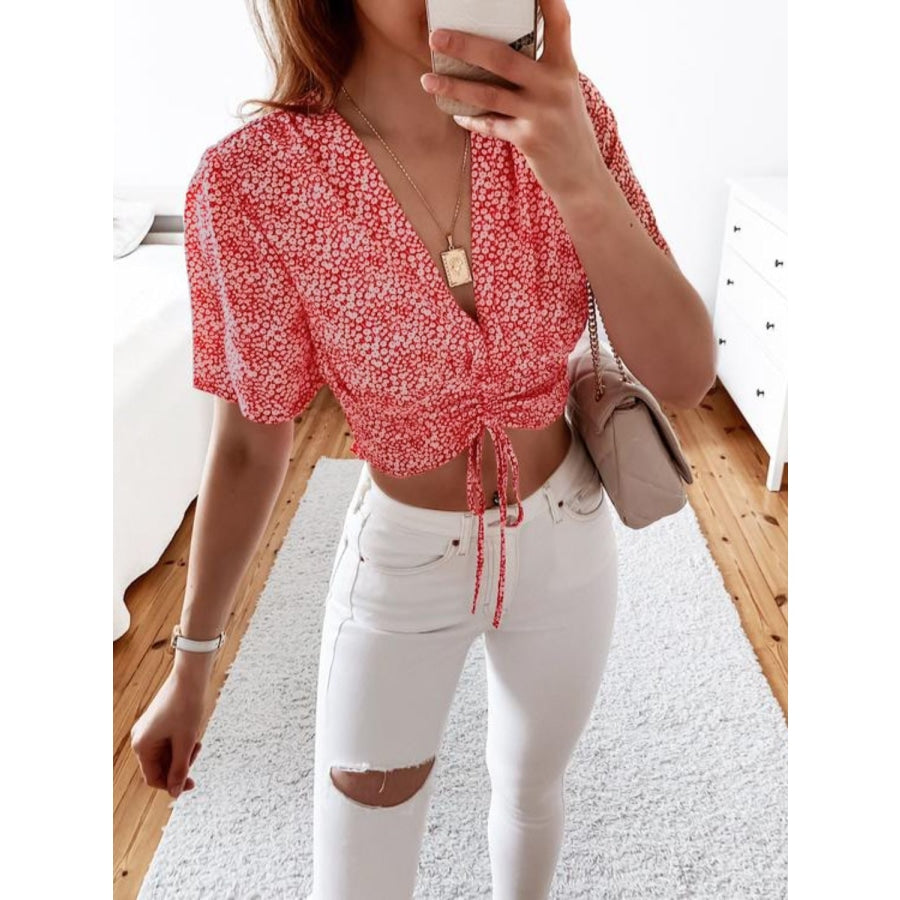 Floral Drawstring Deep V Cropped Blouse Red / S