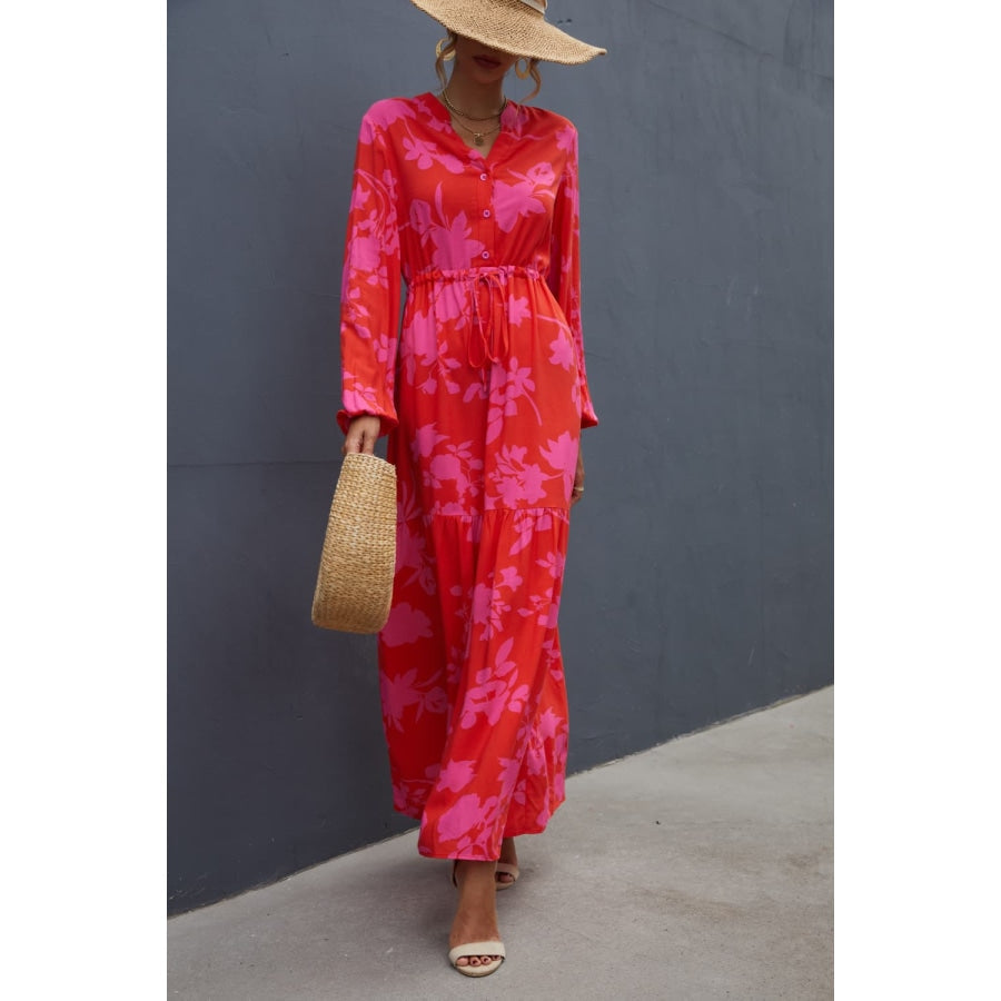 Floral Drawstring Waist Long Sleeve Dress Red / S