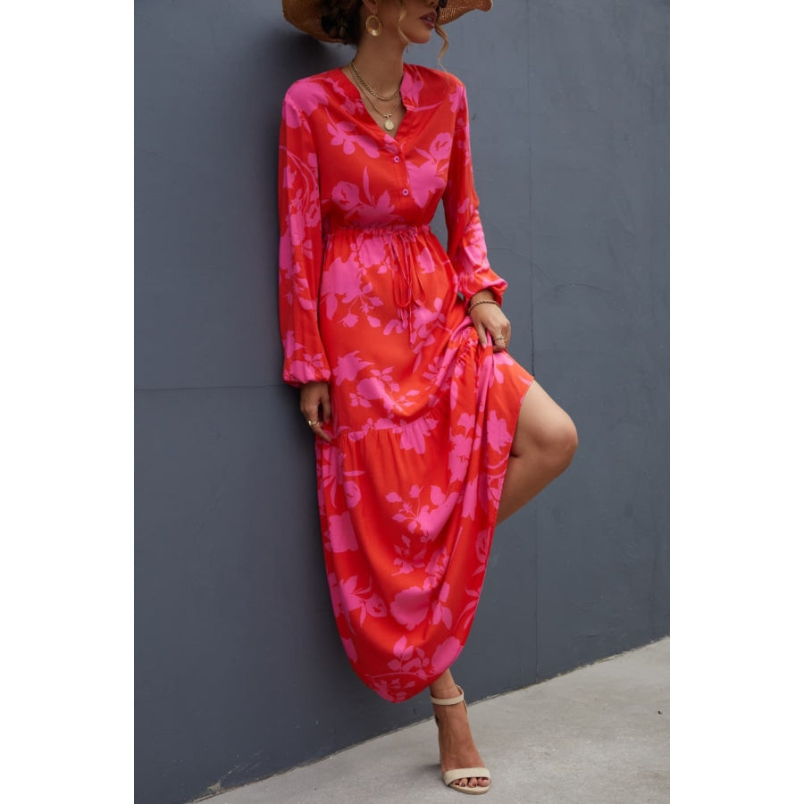 Floral Drawstring Waist Long Sleeve Dress