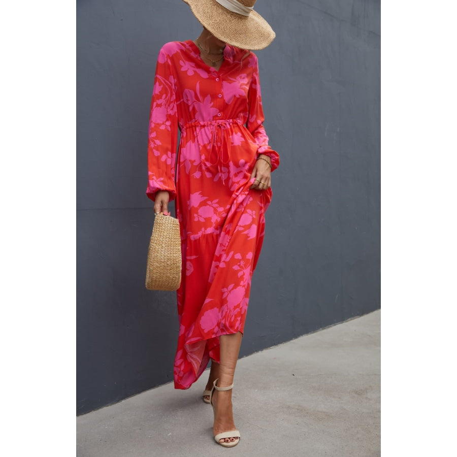 Floral Drawstring Waist Long Sleeve Dress