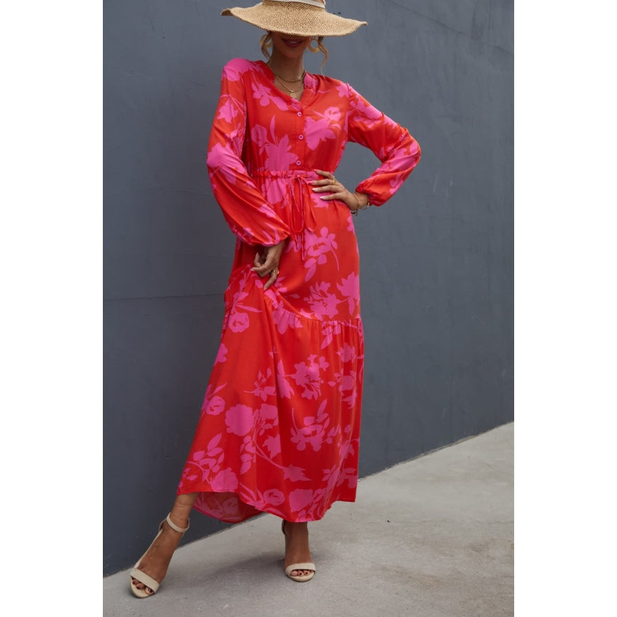 Floral Drawstring Waist Long Sleeve Dress