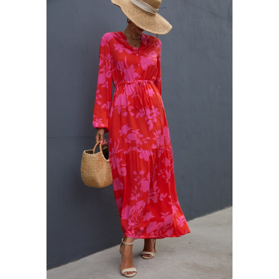 Floral Drawstring Waist Long Sleeve Dress