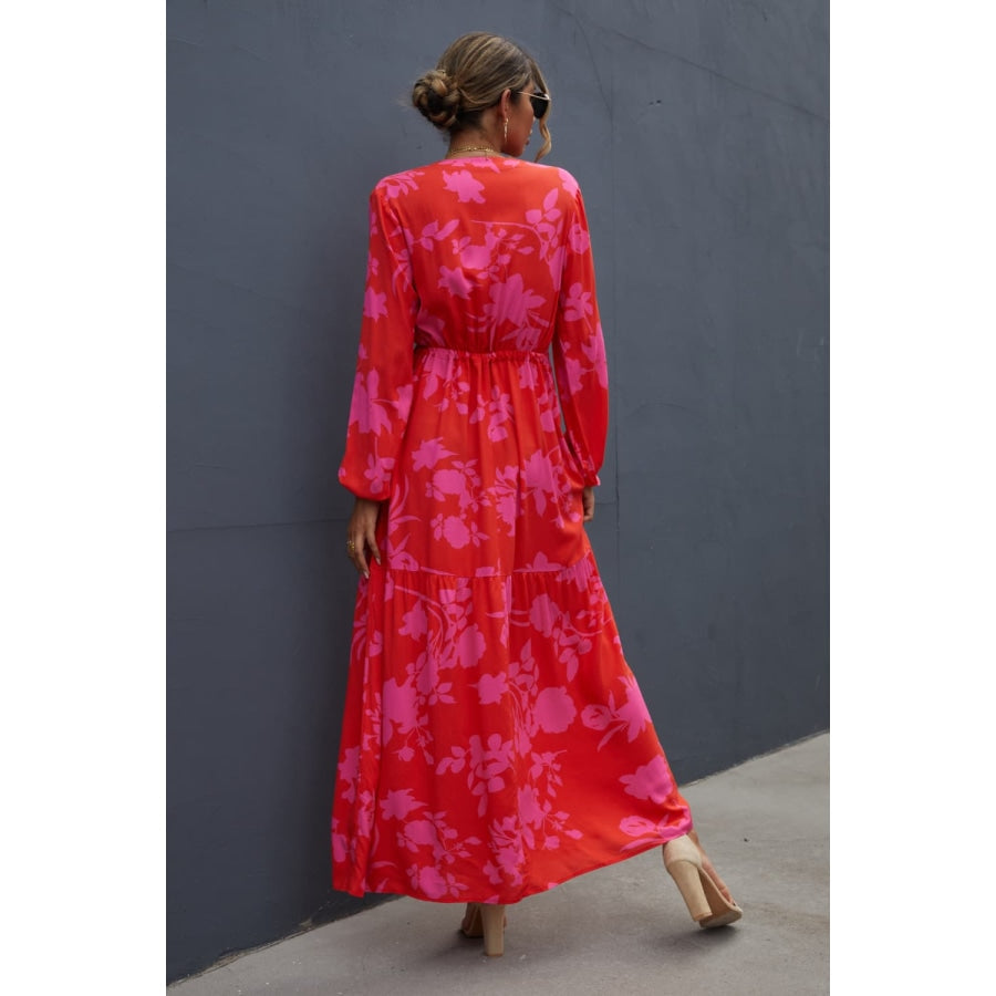 Floral Drawstring Waist Long Sleeve Dress