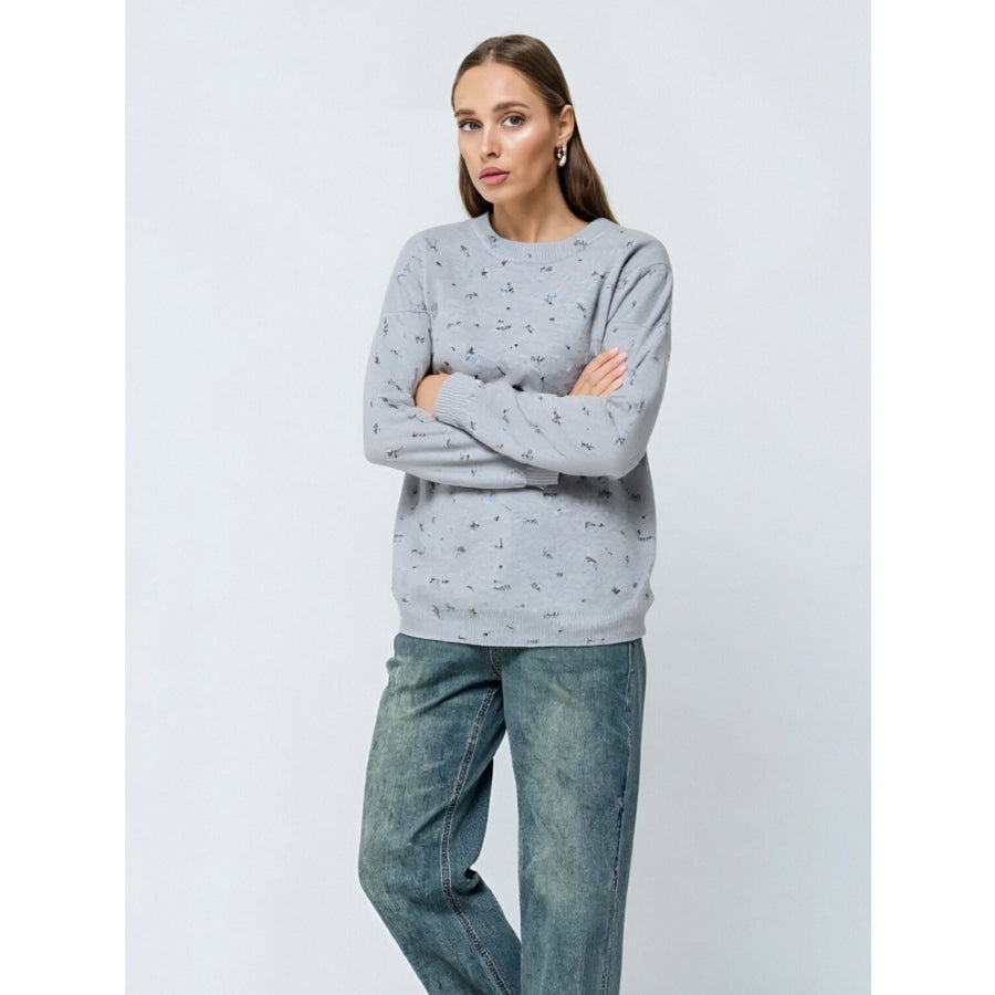 Floral Dropped Shoulder Oversized Sweater Grey / S Apparel and Accessories