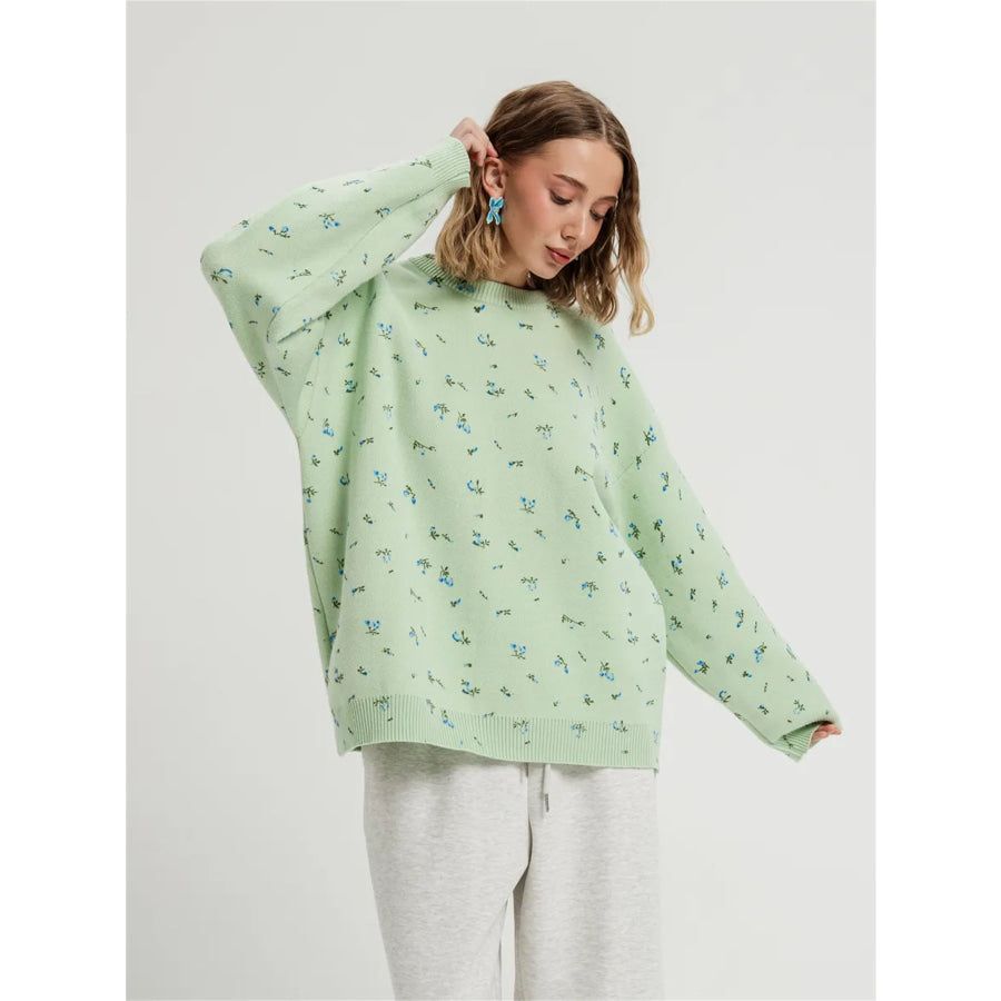 Floral Dropped Shoulder Oversized Sweater Light Green / S Apparel and Accessories