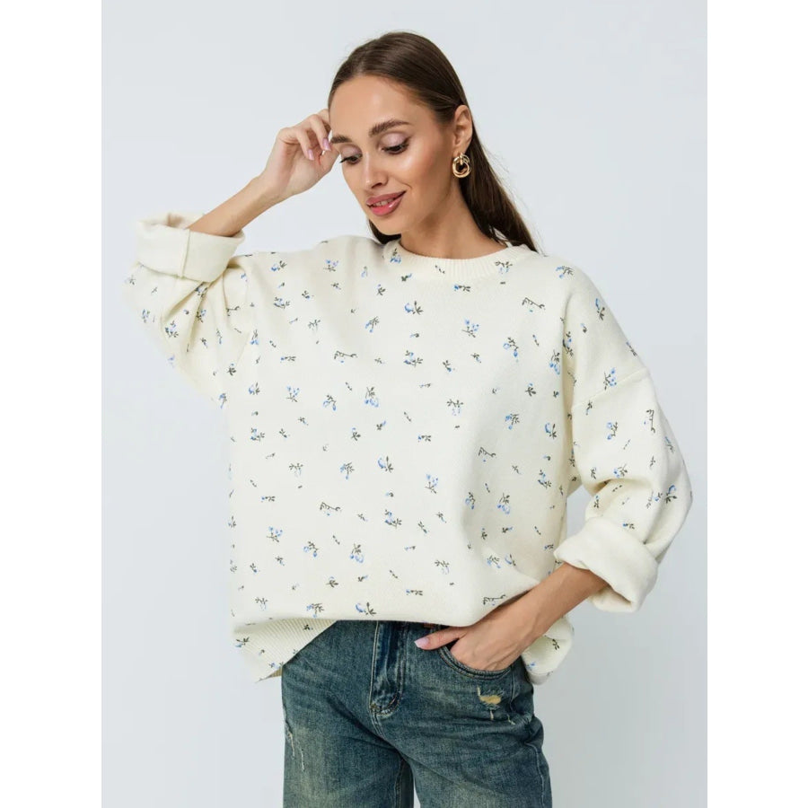 Floral Dropped Shoulder Oversized Sweater White / S Apparel and Accessories