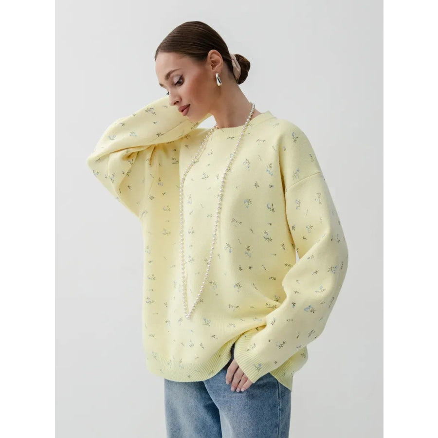 Floral Dropped Shoulder Oversized Sweater Yellow / S Apparel and Accessories
