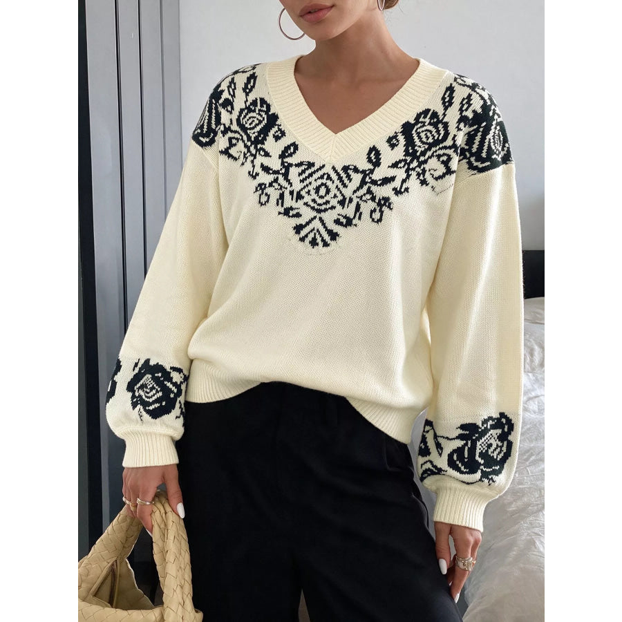 Floral Dropped Shoulder Sweater Apricot / S Apparel and Accessories